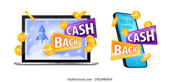 Cash back vector internet money saving offer stickers with laptop screen, smartphone isolated on white. Finance business web reward bonus program with dollar coins. Cash back gift logo, label icon set