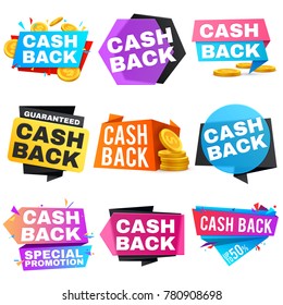 Cash Back Vector Sale Banners With Ribbons. Saving And Money Refund Icons. Cashback Money Badge And Banner, Business Warranty Illustration