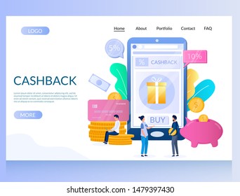 Cash back vector website template, web page and landing page design for website and mobile site development. Cash back reward program for customers doing online purchases using credit cards.