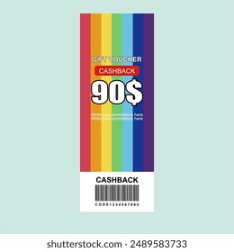 CASH BACK VOUCHER 90$ WITH RAINBOW THEME. TIHIS LABEL FOR YOUR DIGITAL PROMOTIONS