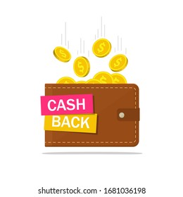 Cash back in wallet. Cashback icon with coins. Finance saving concept. Save money tag. Credit pay of customer. Money refund on isolated background. Payment investment banner. Quarantee. Flat vector