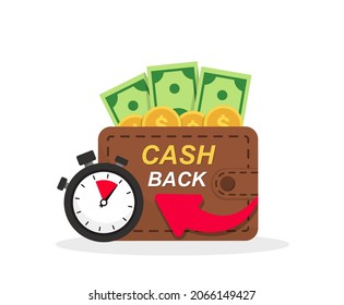 Cash back in wallet. Cashback loyalty program concept. Cashback icon with coins, cash and stopwatch. Concept quick money back. Bonus, cash back icon. Money economy service. Vector