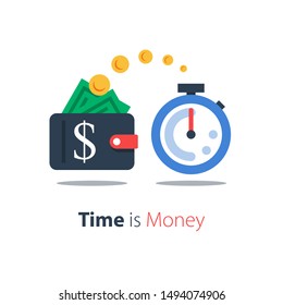 Cash back, wallet with dollar sign and stopwatch, easy loan, instant payment, fast money transfer, financial services, vector flat illustration