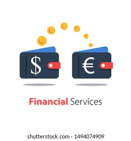 Cash back, wallet with dollar sign and flipping coin, transfer money, financial services, vector flat illustration