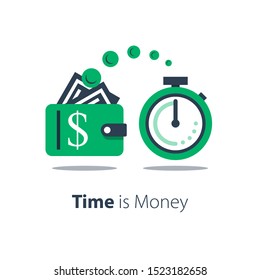 Cash back, wallet with dollar sign and stopwatch, easy loan, instant payment, fast money transfer, financial services, vector flat illustration