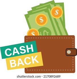 cash back wallet with golden coins and green paper money. cash back in wallet. cashback or money refund label. flat style.