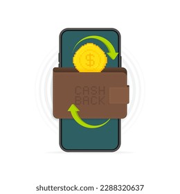 Cash back to a wallet. Pixel art coins dropping into wallet isolated on phone screen. Financial services, cash back, finance saving, money refund, investment, currency exchange.