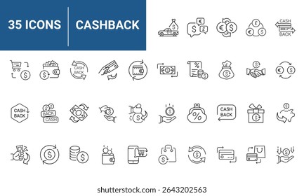 Cash Back Web Icon Set in Line Style. Collection of Money Movement Linear Icons, Including return money, cashback, profit, payment, income, money, refund, gain, profit and More. Editable Stroke.