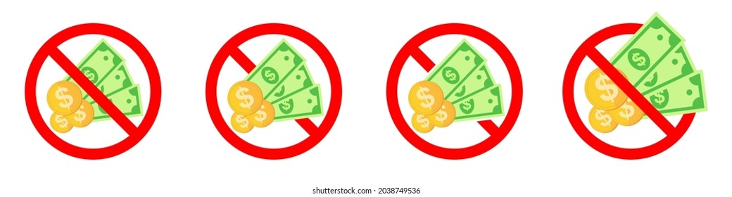 Cash Ban Icon. Paper Money Is Prohibited. Stop Or Ban Red Round Sign With Paper Dollar. Vector Illustration. Forbidden Signs Set.