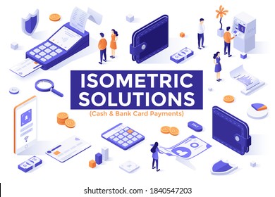 Cash And Bank Card Payment Set - Terminal With Receipt, Wallets, Coins And Banknotes, App For Digital Transactions On Smartphone. Collection Of Isometric Design Elements. Modern Vector Illustration.