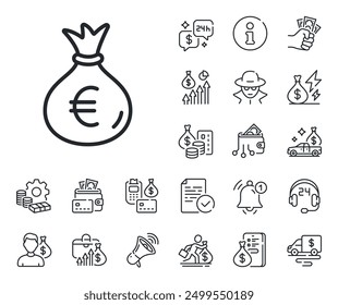 Cash Banking currency sign. Cash money, loan and mortgage outline icons. Money bag line icon. Euro or EUR symbol. Money bag line sign. Credit card, crypto wallet icon. Inflation, job salary. Vector