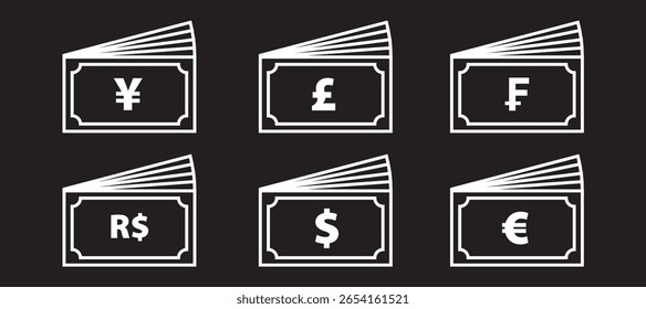 cash bill money paper dollar swiss franc yen yuan sterling pound euro real negative icon vector image