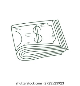 Cash bills folded in half. Dollar bills doodle sketch style illustration. Paper money clip art. Vector element