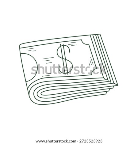 Cash bills folded in half. Dollar bills doodle sketch style illustration. Paper money clip art. Vector element