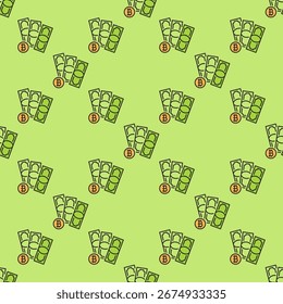 Cash with BTC sign vector Bitcoin Investment concept colored seamless pattern
