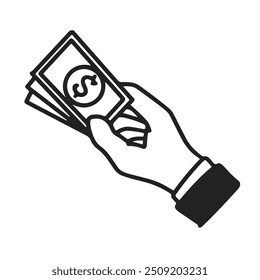 Paquete en efectivo en Ilustración vectorial manual. Doodle dibujo de dibujos animados en blanco y negro. Dinero en dólares relacionado con finanzas, transacciones, riqueza y asuntos económicos