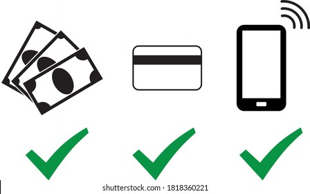 Cash, card and mobile phone payment option sign. Simple and easily understandable vector sign symbol icon. Money payment theme.