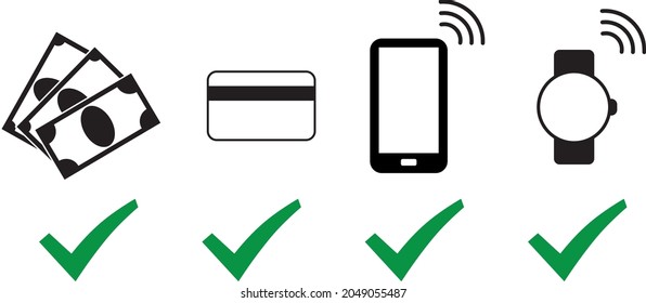 Cash, card, mobile phone and smart watch payment option sign. Simple and easily understandable vector sign symbol icon. Money payment theme.