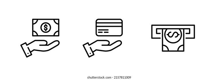 Cash, card payment and ATM money withdrawal. Pixel perfect, editable stroke line art icons