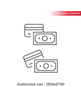 Cash and card payment line vector icon. Dolar banknote and credit card outline symbol, editable stroke.