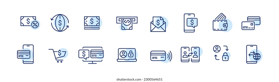 Barzahlungen und Kartenzahlungen. Sichere Transaktionen, Einkäufe und persönliche Accounts. Pixel perfekte, bearbeitbare Strich-Icons-Set