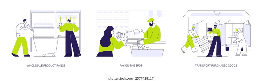 Cash and carry abstract concept vector illustration set. Wholesale product range, pay on the spot, transport purchased goods, customer with a trolley, cashier at the checkout abstract metaphor.