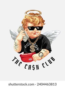 the cash club slogan with cherub angel in sunglasses and gold necklace vector illustration