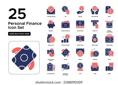 Cash and Coin Icons. Wallet, Banknotes, and Financial Security Symbols. Vector Illustration. Solid duo tone icon set