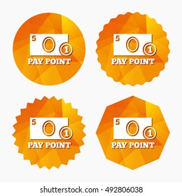 Cash and coin sign icon. Pay point symbol. For cash machines or ATM. Triangular low poly buttons with flat icon. Vector