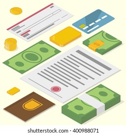  Cash, coins, bank check, gold bar, credit card, documents. Precious financial things. Isometric vector illustration