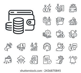 Cash coins sign. Cash money, loan and mortgage outline icons. Wallet money line icon. Business income symbol. Wallet money line sign. Credit card, crypto wallet icon. Inflation, job salary. Vector