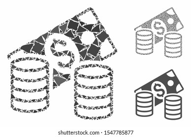Cash composition of unequal elements in various sizes and color tints, based on cash icon. Vector rough elements are combined into composition. Cash icons collage with dotted pattern.