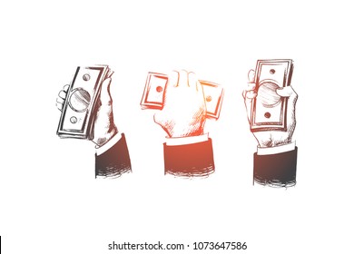 Concepto de efectivo. Manos dibujadas de personas llenas de dinero. Un montón de dólares en las manos Ilustración vectorial aislada.
