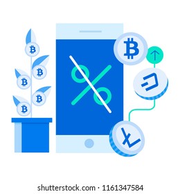 Cash concept without commission rates for different operations with money. Flat design of bitcoin, cryptocurrency, finance, digital money market, cryptocoin exchange. with plants