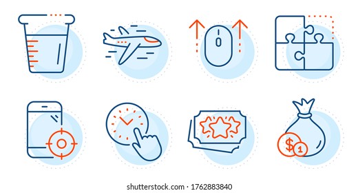 Cash, Cooking beaker and Seo phone signs. Puzzle, Time management and Loyalty points line icons set. Airplane, Swipe up symbols. Engineering strategy, Office clock. Business set. Vector
