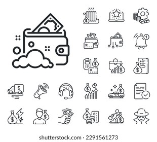 Cash corruption sign. Cash money, loan and mortgage outline icons. Launder money line icon. Tax avoidance symbol. Launder money line sign. Credit card, crypto wallet icon. Vector