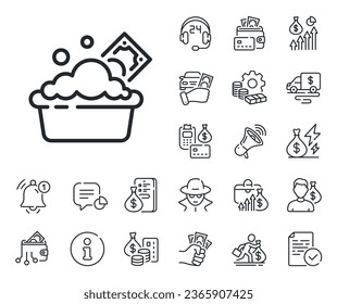 Cash corruption sign. Cash money, loan and mortgage outline icons. Launder money line icon. Tax avoidance symbol. Launder money line sign. Credit card, crypto wallet icon. Vector