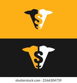 CASH COW, business metaphor, dollar in the shape of a cow's head. Vector illustration isolated on yellow and black background.