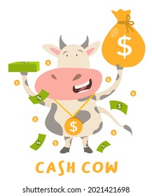 cash cow concept cow character standing happy hold money bag white isolated background with cartoon flat style