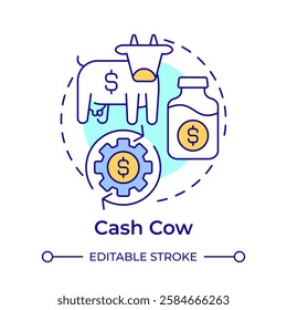 Cash cow multi color concept icon. Income flow, profit. Product management, business. Round shape line illustration. Abstract idea. Graphic design. Easy to use in infographic, presentation