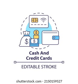 Cash and credit cards concept icon. Pack for evacuation. Emergency preparedness abstract idea thin line illustration. Isolated outline drawing. Editable stroke. Arial, Myriad Pro-Bold fonts used