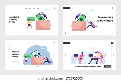 Cash and Credit Cards in Wallet, Envy Feeling Landing Page Template Set. Tiny Characters Put Money into Huge Purse. Colleagues Giggle and Discussing Girl in Office. Cartoon People Vector Illustration