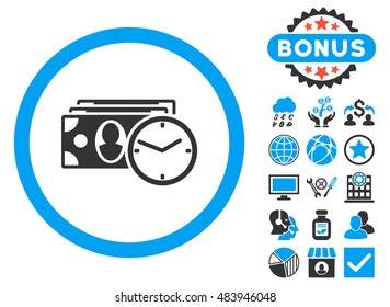 Cash Credit icon with bonus pictogram. Vector illustration style is flat iconic bicolor symbols, blue and gray colors, white background.