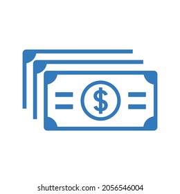 Cash, currency, dollar banknotes icon. Blue color design.