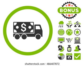 Cash Delivery icon with bonus design elements. Vector illustration style is flat iconic bicolor symbols, eco green and gray colors, white background.