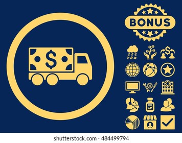 Cash Delivery icon with bonus elements. Vector illustration style is flat iconic symbols, yellow color, blue background.