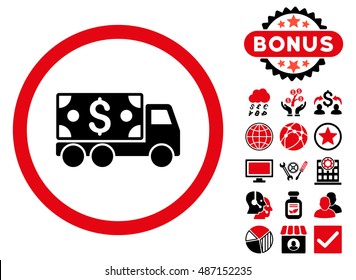 Cash Delivery icon with bonus pictogram. Vector illustration style is flat iconic bicolor symbols, intensive red and black colors, white background.