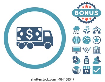 Cash Delivery icon with bonus symbols. Vector illustration style is flat iconic bicolor symbols, cyan and blue colors, white background.