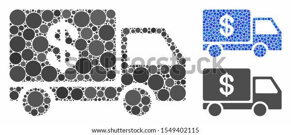 Cash delivery mosaic of spheric dots in various\
sizes and color hues, based on cash delivery icon. Vector dots are\
organized into blue collage. Dotted cash delivery icon in usual and\
blue versions.
