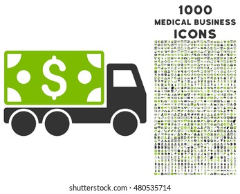 Cash Delivery vector bicolor icon with 1000 medical business icons. Set style is flat pictograms, eco green and gray colors, white background.